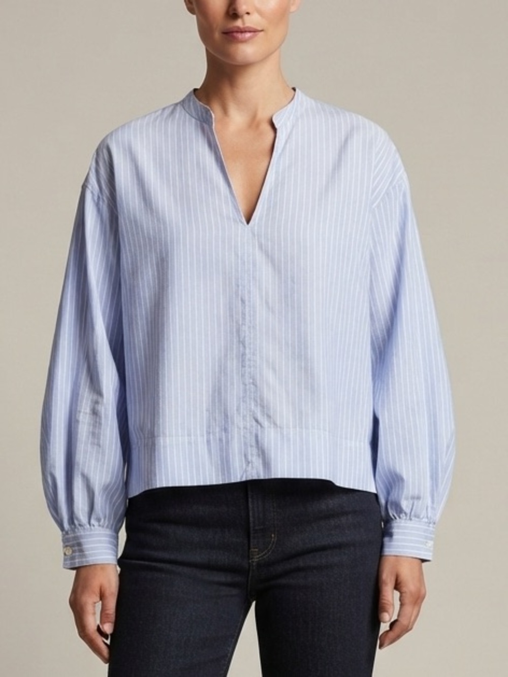 Everlane Striped Split V Neck Popover Blouse Boxy Light Blue White Cotton Shirt